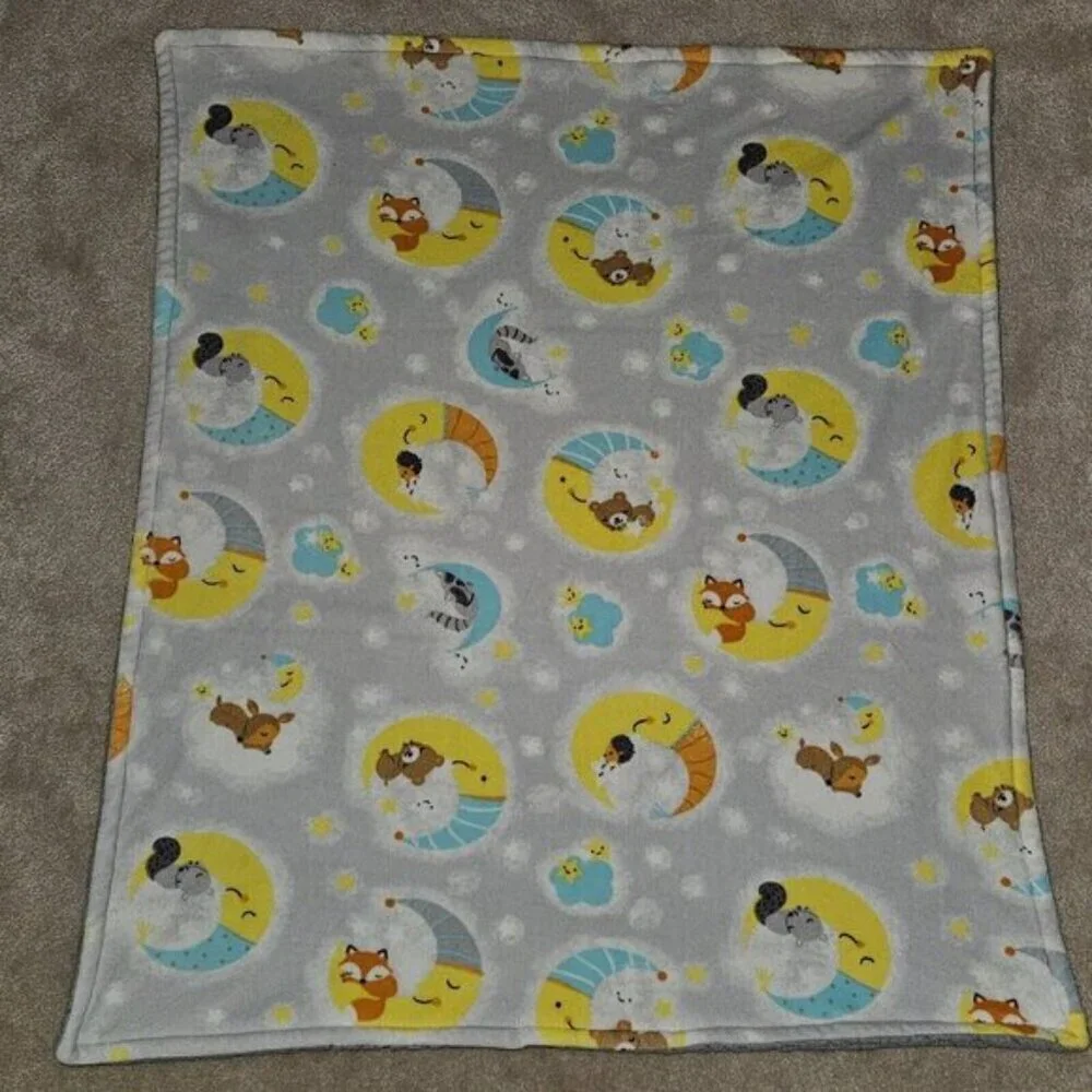Moon Stars Fleece Baby Blanket Gray Sherpa Raccoon Bear Squirrel Fox Deer